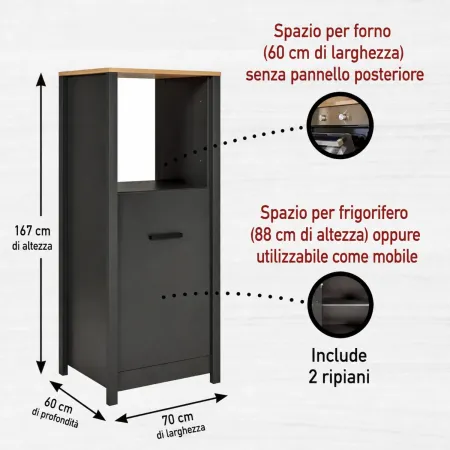 Colonna Cucina Frigo Forno Mobile Antracite Rovere Anta Reversibile