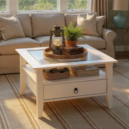 Tavolino in Vetro da Caffe 75x75 Bianco Tavolo Legno Divano Soggiorno Quadrato | BricoShop24