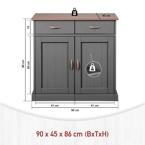 Mobile Grigio a 2 Ante 2 Cassetti Credenza in Legno Dispensa Soggiorno Cucina | BricoShop24