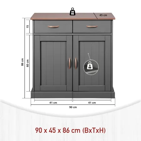 Mobile Grigio a 2 Ante 2 Cassetti Credenza in Legno Dispensa Soggiorno Cucina | BricoShop24