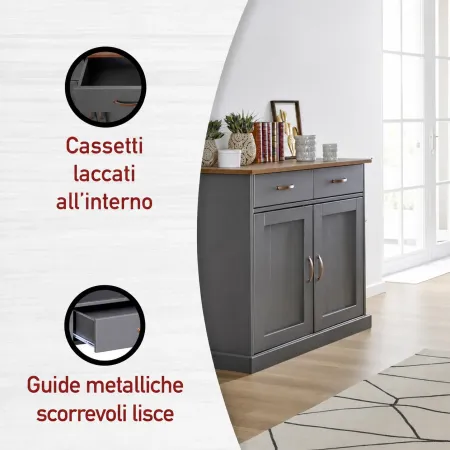 Mobile Grigio a 2 Ante 2 Cassetti Credenza in Legno Dispensa Soggiorno Cucina | BricoShop24