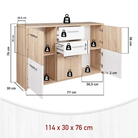 Buffet Mobile Moderno Bianco e Rovere con Ante Cassetti da Salotto