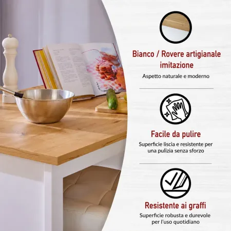 Tavolo Alto da Pranzo Mobile Bianco con Ripiani Penisola per Cucina