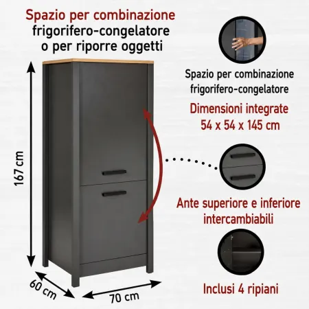 Colonna Cucina Frigo Freezer Mobile Antracite Rovere Ante Reversibili