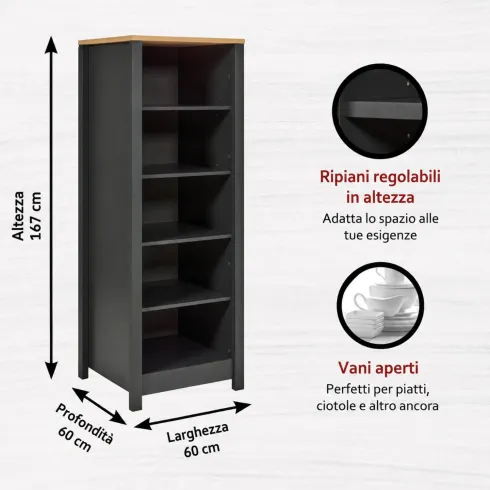 Mobile Scaffale Cucina Aperto 4 Ripiani Regolabili Antracite Rovere