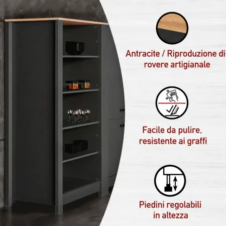 Mobile Scaffale Cucina Aperto 4 Ripiani Regolabili Antracite Rovere