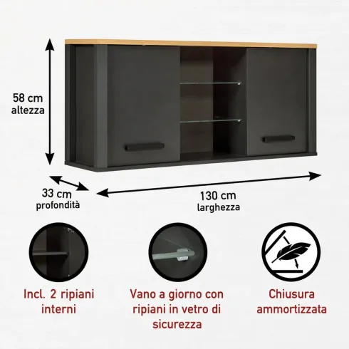 Pensile Cucina Antracite Rovere con Ripiani in Vetro 2 Ante 130x33 cm