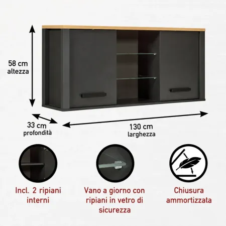 Pensile Cucina Antracite Rovere con Ripiani in Vetro 2 Ante 130x33 cm
