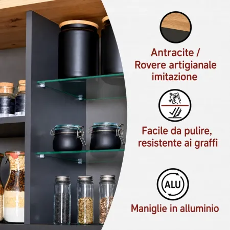 Pensile Cucina Antracite Rovere con Ripiani in Vetro 2 Ante 130x33 cm