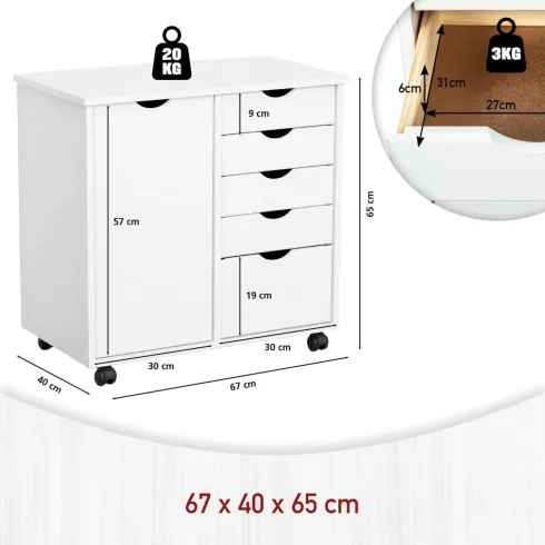 Cassettiera con Ruote Bianco 5 Cassetti Anta da Ufficio Studio Camera
