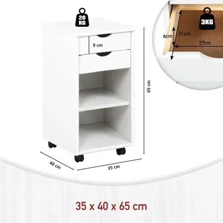 Cassettiera con Ruote Bianco 2 Cassetti 2 Ripiani Ufficio Studio Camera