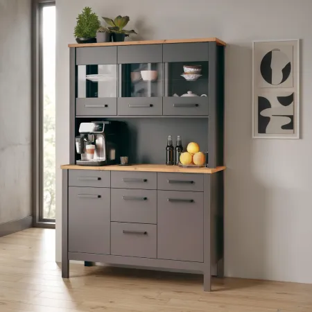 Credenza Vetrina con Ante Cassetti Ripiani in Legno Bianco Antracite