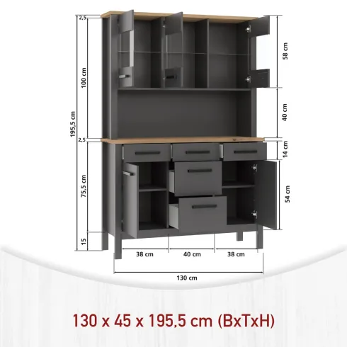 Credenza Vetrina con Ante Cassetti Ripiani in Legno Bianco Antracite