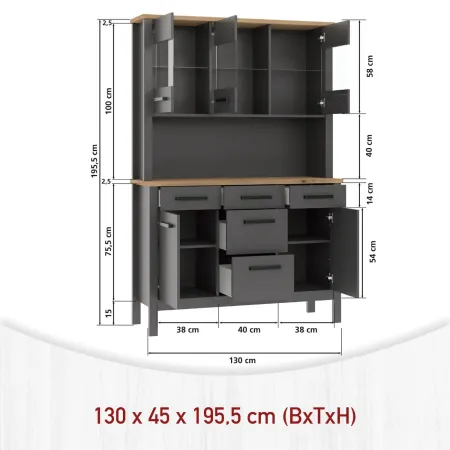 Credenza Vetrina con Ante Cassetti Ripiani in Legno Bianco Antracite