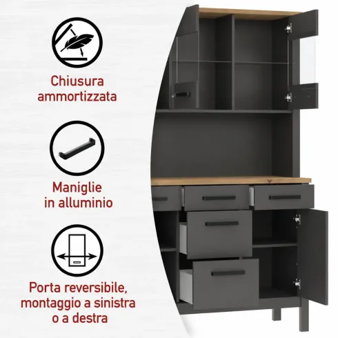 Credenza Vetrina con Ante Cassetti Ripiani in Legno Bianco Antracite