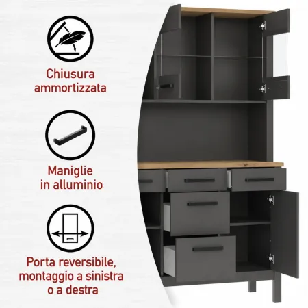 Credenza Vetrina con Ante Cassetti Ripiani in Legno Bianco Antracite