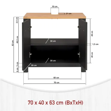 Mobile Bagno Sottolavabo 70 cm 2 Ante Antracite Rovere Idrorepellente