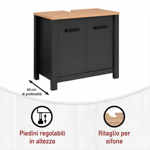 Mobile Bagno Sottolavabo 70 cm 2 Ante Antracite Rovere Idrorepellente