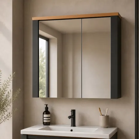 Pensile Bagno con Specchio Ripiani in Vetro Antracite Rovere Artisan