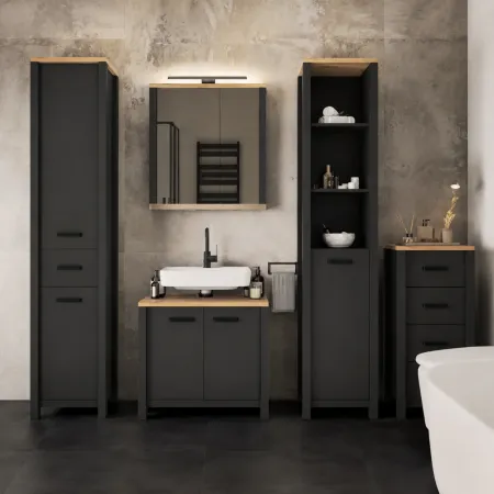 Pensile Bagno con Specchio Ripiani in Vetro Antracite Rovere Artisan