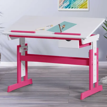 Scrivania per Bambini Regolabile con Cassetto in Legno Bianco Rosa
