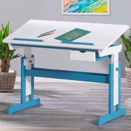 Scrivania per Bambini Regolabile con Cassetto in Legno Bianco Blu