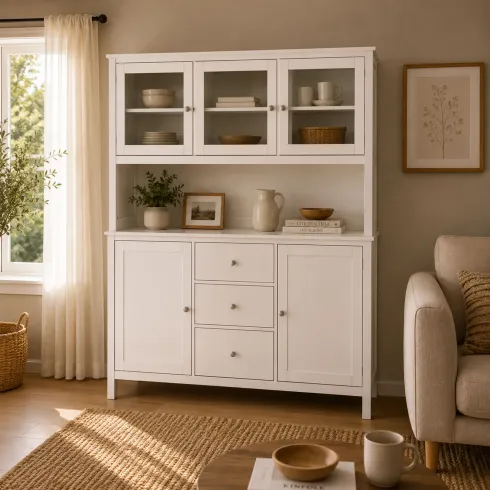 Credenza con Vetrina 5 Ante 3 Cassetti in Legno Bianco da Soggiorno