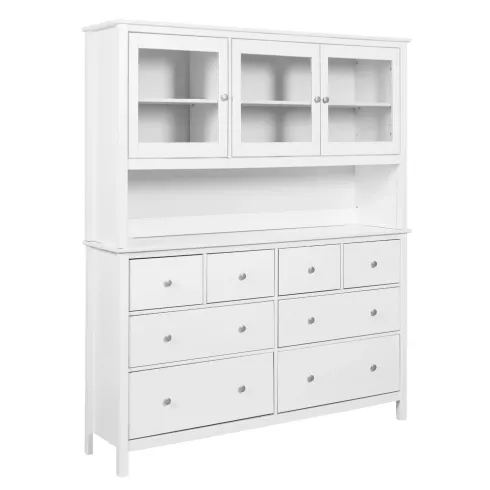Credenza da Soggiorno 3 Ante 8 Cassetti con Vetrina in Legno Bianco