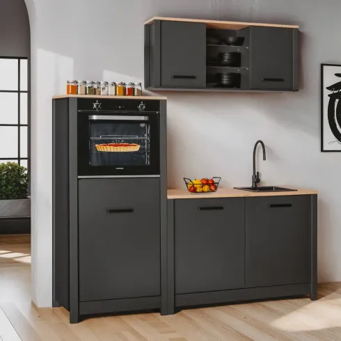 Mobile Cucina con Pensile Sottolavello Colonna Modulare Antracite Rovere