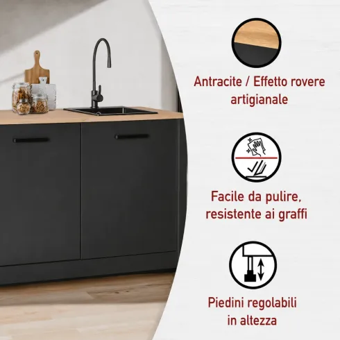 Mobile Cucina con Pensile Sottolavello Colonna Modulare Antracite Rovere