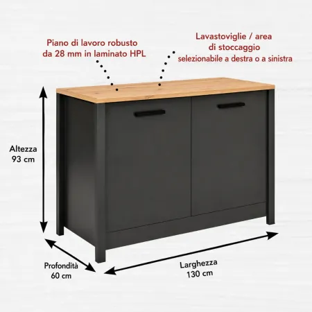 Mobile Cucina con Pensile Sottolavello Colonna Modulare Antracite Rovere
