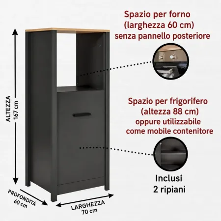 Mobile Cucina con Pensile Sottolavello Colonna Modulare Antracite Rovere