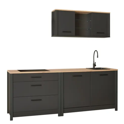 Mobile Cucina con Base Piano cottura Pensile Sottolavello Antracite Rovere