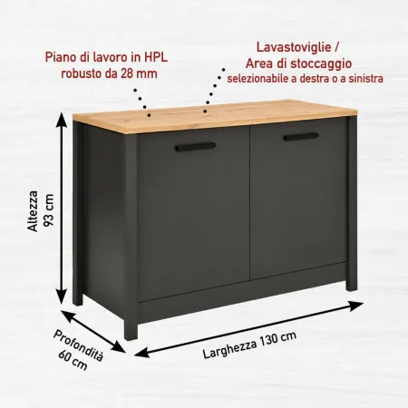 Mobile Cucina con Base Piano cottura Pensile Sottolavello Antracite Rovere
