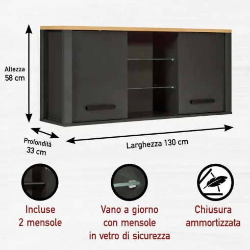 Mobile Cucina con Base Piano cottura Pensile Sottolavello Antracite Rovere