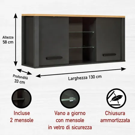 Mobile Cucina con Base Piano cottura Pensile Sottolavello Antracite Rovere