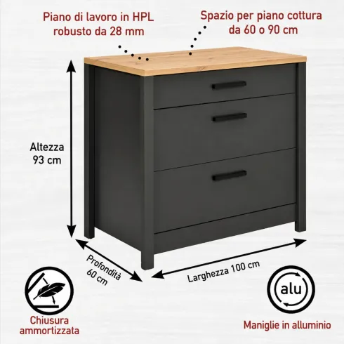 Mobile Cucina con Base Piano cottura Pensile Sottolavello Antracite Rovere