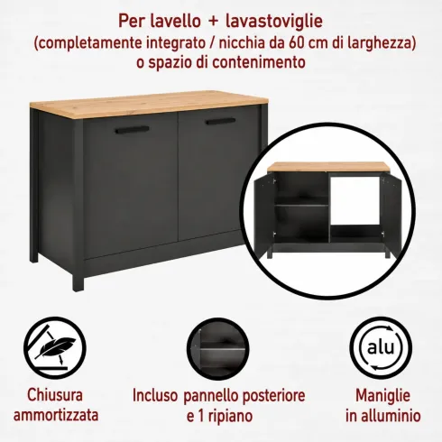 Mobile Cucina con Base Piano cottura Pensile Sottolavello Antracite Rovere