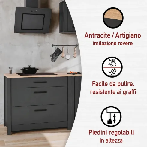 Mobile Cucina con Base Piano cottura Pensile Sottolavello Antracite Rovere