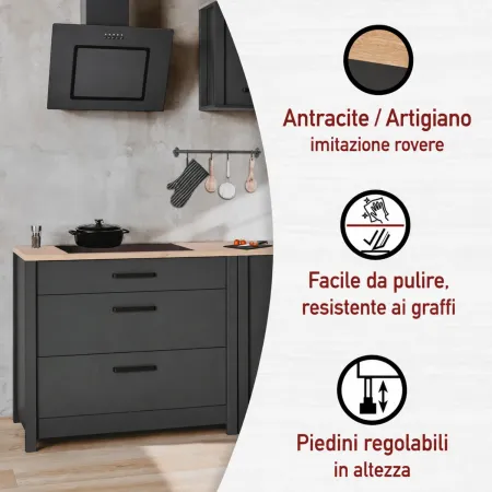 Mobile Cucina con Base Piano cottura Pensile Sottolavello Antracite Rovere