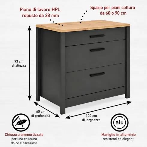 Cucina Modulare 300 cm Antracite Rovere Mobili Colonna 2 Pensili