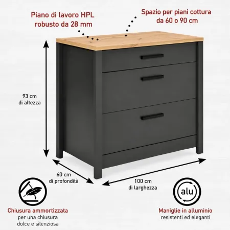 Cucina Modulare 300 cm Antracite Rovere Mobili Colonna 2 Pensili