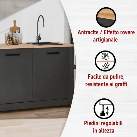 Cucina Componibile in Legno Antracite Rovere 7 Mobili Pensili Colonne