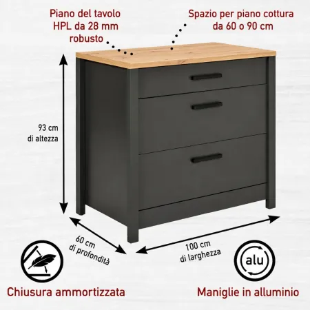 Cucina Componibile in Legno Antracite Rovere 7 Mobili Pensili Colonne
