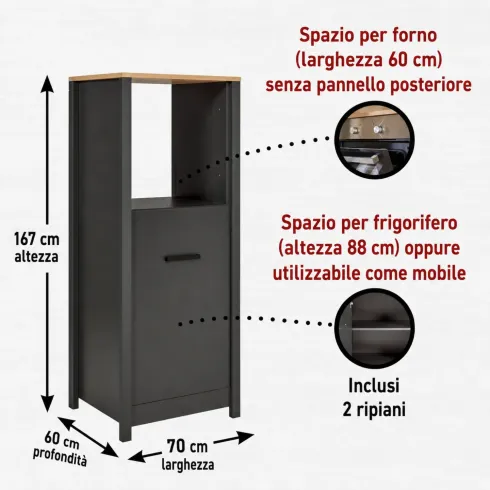 Cucina Componibile in Legno Antracite Rovere 7 Mobili Pensili Colonne
