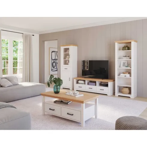 Libreria Alta 6 Ripiani Legno Massello Bianco Effetto Rovere Soggiorno