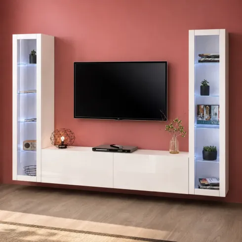 Parete da Soggiorno Attrezzata con 2 Vetrine Porta TV Bianco Lucido