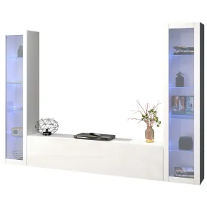 Parete da Soggiorno Attrezzata con 2 Vetrine Porta TV Bianco Lucido