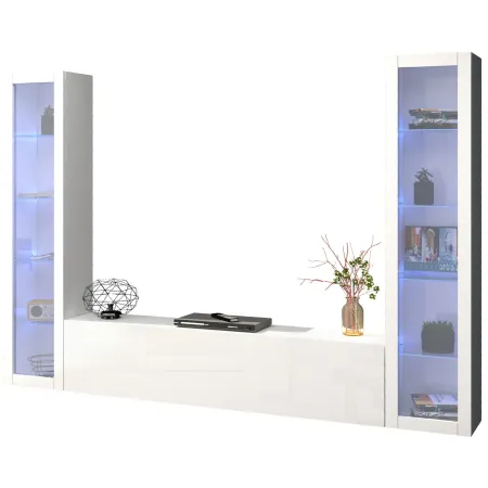 Parete da Soggiorno Attrezzata con 2 Vetrine Porta TV Bianco Lucido