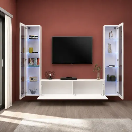 Parete da Soggiorno Attrezzata con 2 Vetrine Porta TV Bianco Lucido